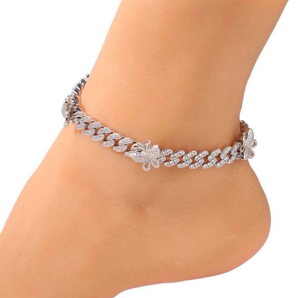 Silver Butterfly Anklet With Zirconia 6556